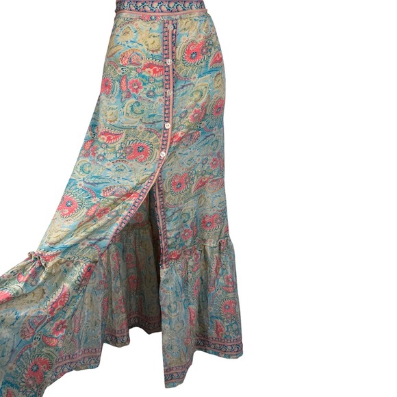 Unbranded Dresses & Skirts - Vintage Paisley Maxi Skirt Womens Free Size Blue Pink Button Front Boho Slit
